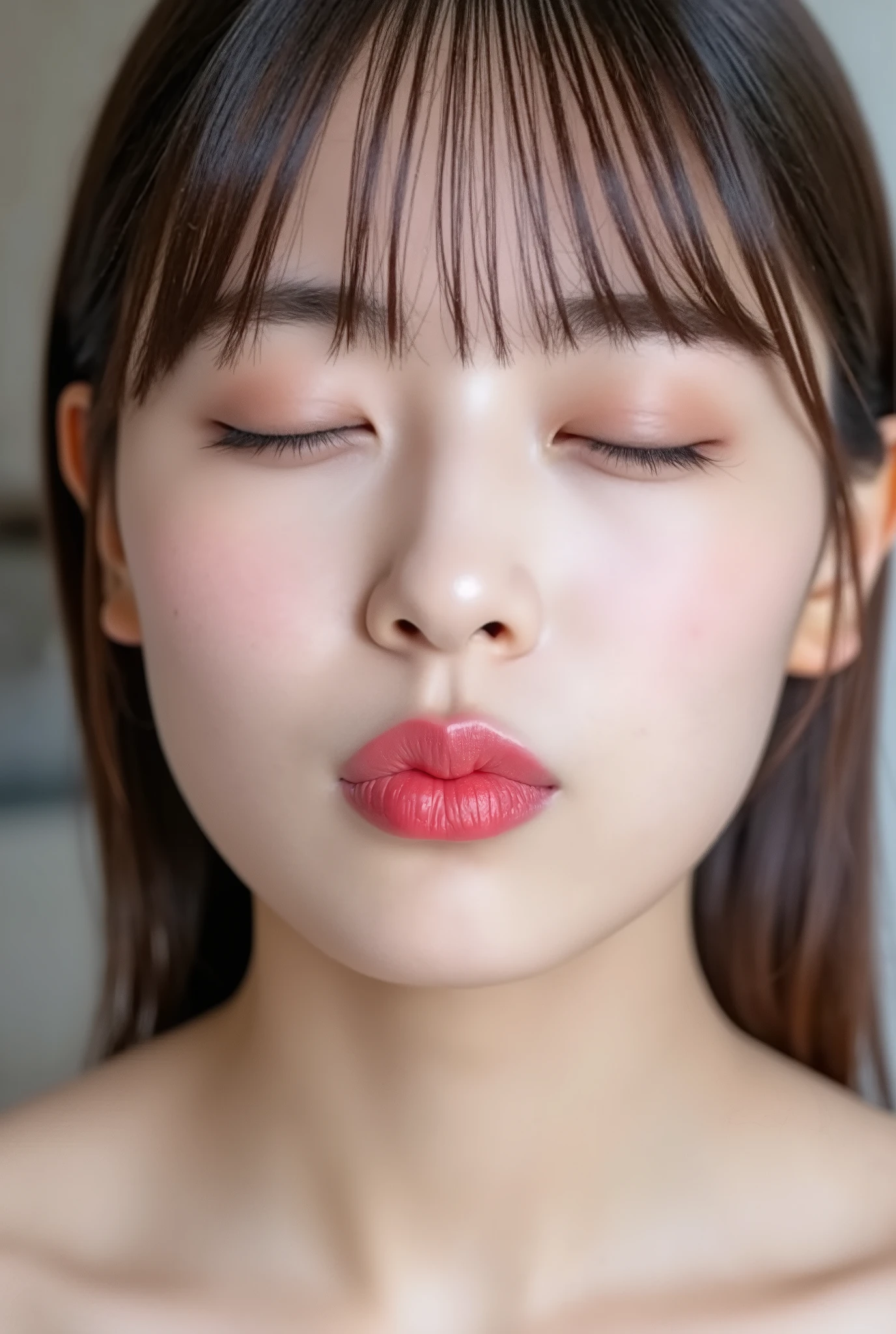 beautiful young woman, eyes closed, euphoric smile, extremely puckered lips, lips pushed far forward, tight kissy mouth, lips forming a sharp O-shape, exaggerated kiss face, heart-shaped lips, ultra glossy pink lips, flushed cheeks, ears blushing, black camisole, collarbone visible, close-up, upper-front angle, full head in frame, soft studio lighting, lips extremely pursed, lips protruding, high gloss on lips, moist lips, lip focus, plump lips, smooth skin with soft texture, faint peach fuzz, skin pores subtly visible, intense affectionate mood, face slightly tilted back