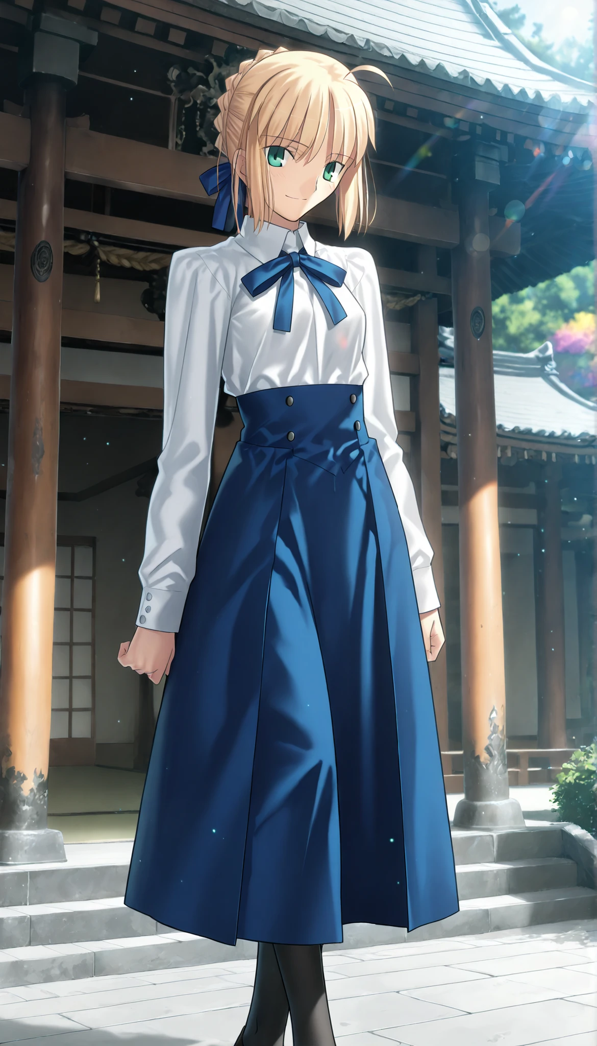 masterpiece, , absurdres, highres, detailed background, high resolution, masterpiece, necessary, detail, best quality, quality, necessary, details, High details, Precise, dark, outdoors, (colorful light particles, powder light, Japanese style architecture,), lens flare, blurry background, ,                                            
                                                                                                                                                                                                                         1girl, Takeuchi Takashi (type-moon,tsukihime) style, takeuchi takashi style, (aged up), light smile, stretch legs,  
   
girl, (mature, slender body, slim arms, slim bod),artoria pendragon (fate), saber (fate), blonde hair, green eyes, ahoge, hair ribbon, blue ribbon, french braid, braided bun, single hair bun, short hair, sidelocks, neck ribbon, blue ribbon, white shirt, collared shirt, long sleeves, blue skirt, high-waist skirt, long skirt, black pantyhose, small breasts,