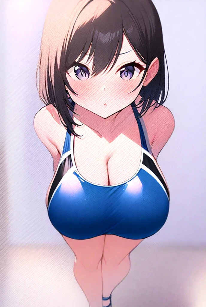 masterpiece, Highest quality, Very detailed,((())), blue eyes, Black Hair, short hair, Blue headband,Large Breasts, ((Tight and shiny swimsuit:1.2, Planking neckline, Belly button tapping, Cleavage)), (1 boy and 1 girl), girl's Raise the hand, (Grab the breasts from behind:1.5)、(Raise the hand:1.5)、(Embarrassing)