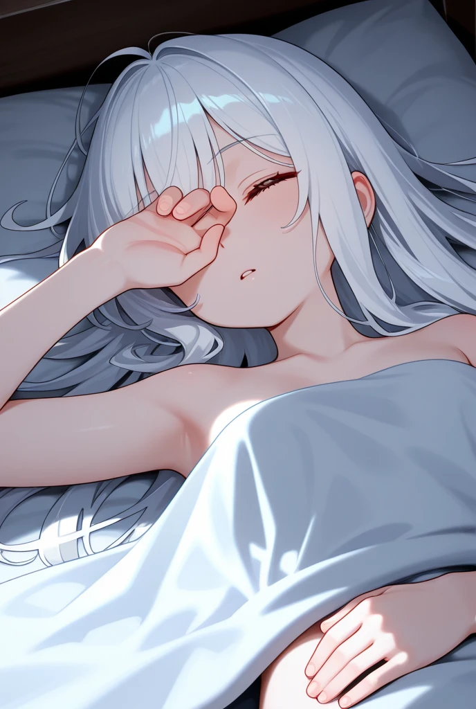 {{{ girl}}}, silver hair, small breast, erectile nippres, sleeping, lying, closed eye, portrait, realistic, camisole, ((camisole lift)), bare breasts, sexual fluids, sidelighting, wallpaper, nsfw, {{{vulgarity}}}, spread vagina,((trembling)), (((cum in mouth, cum in pussy, cum on body, cum on breasts, cum on hair, excessive cum, pussy cum))), prison, ((best quality))