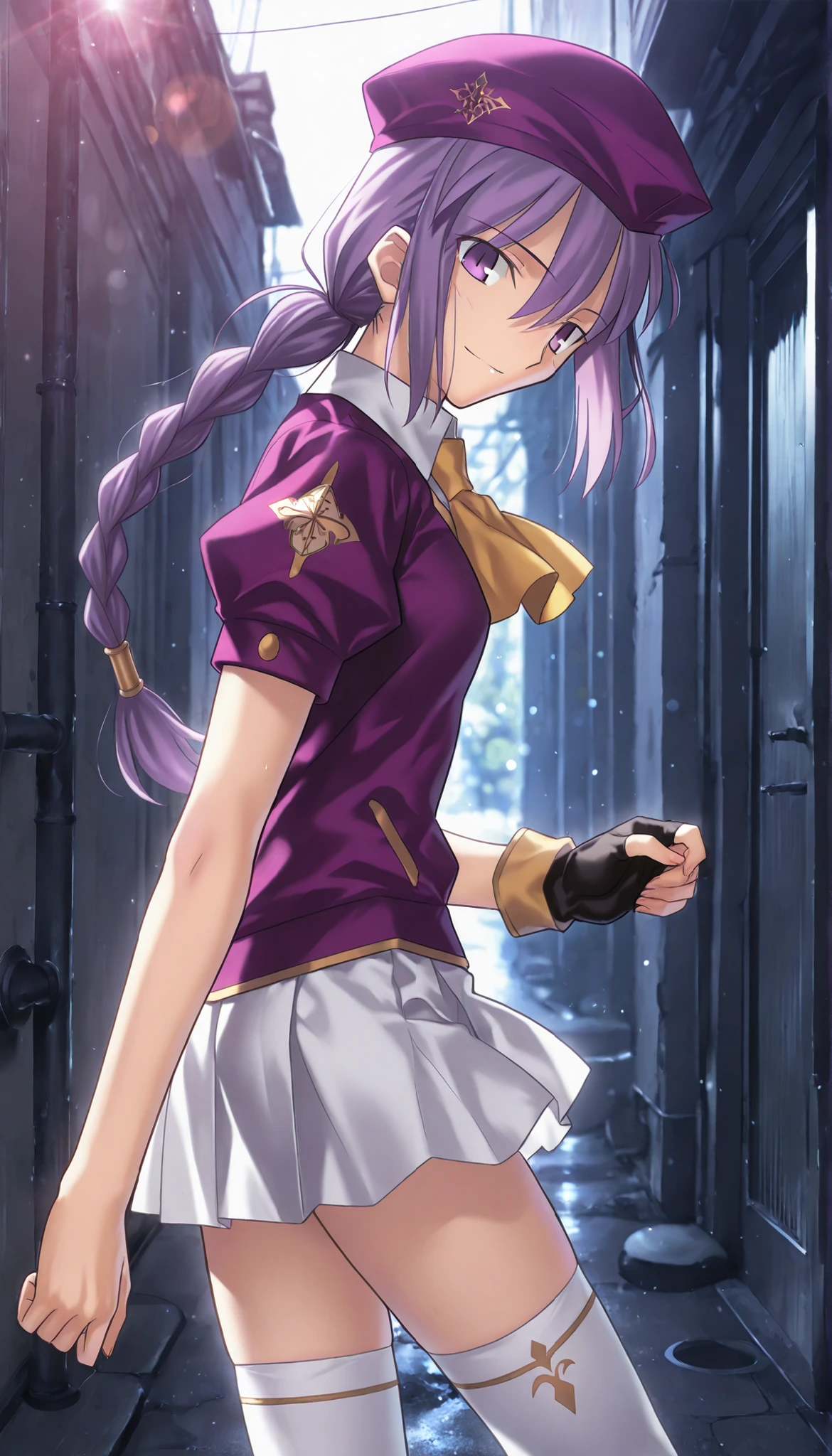 masterpiece, , absurdres, highres, detailed background, high resolution, masterpiece, necessary, detail, best quality, quality, necessary, details, High details, Precise, dark, outdoors,(colorful light particles, powder light, Alley), day lens flare, blurry background,(from side),
1girl, Takeuchi Takashi (type-moon,tsukihime) style, takeuchi takashi style, (aged up), (walking), leaning forward, light smile,
girl, (mature, slender body, slim arms, slim bod), (Sion) Eltnum (Atlasia) ,sion eltnam atlasia,(fate), purple hair , purple eyes, half-closed eyes, tsurime, hair between eyes ,long bang, long hair , braided hair , braided ponytail , yellow ribbon , EltnumOutfit ,small breasts, light purple sweater ,puffy short sleeves, collared undershirt , white undershirt , undershirt , yellow ascot ,(short sleeve), ,white skirt ,miniskirt , gold trim ,white thighhighs ,single glove ,fingerless glove, black glove ,dark purple beret, ,((head tilt)), looking back,(small breasts), ,