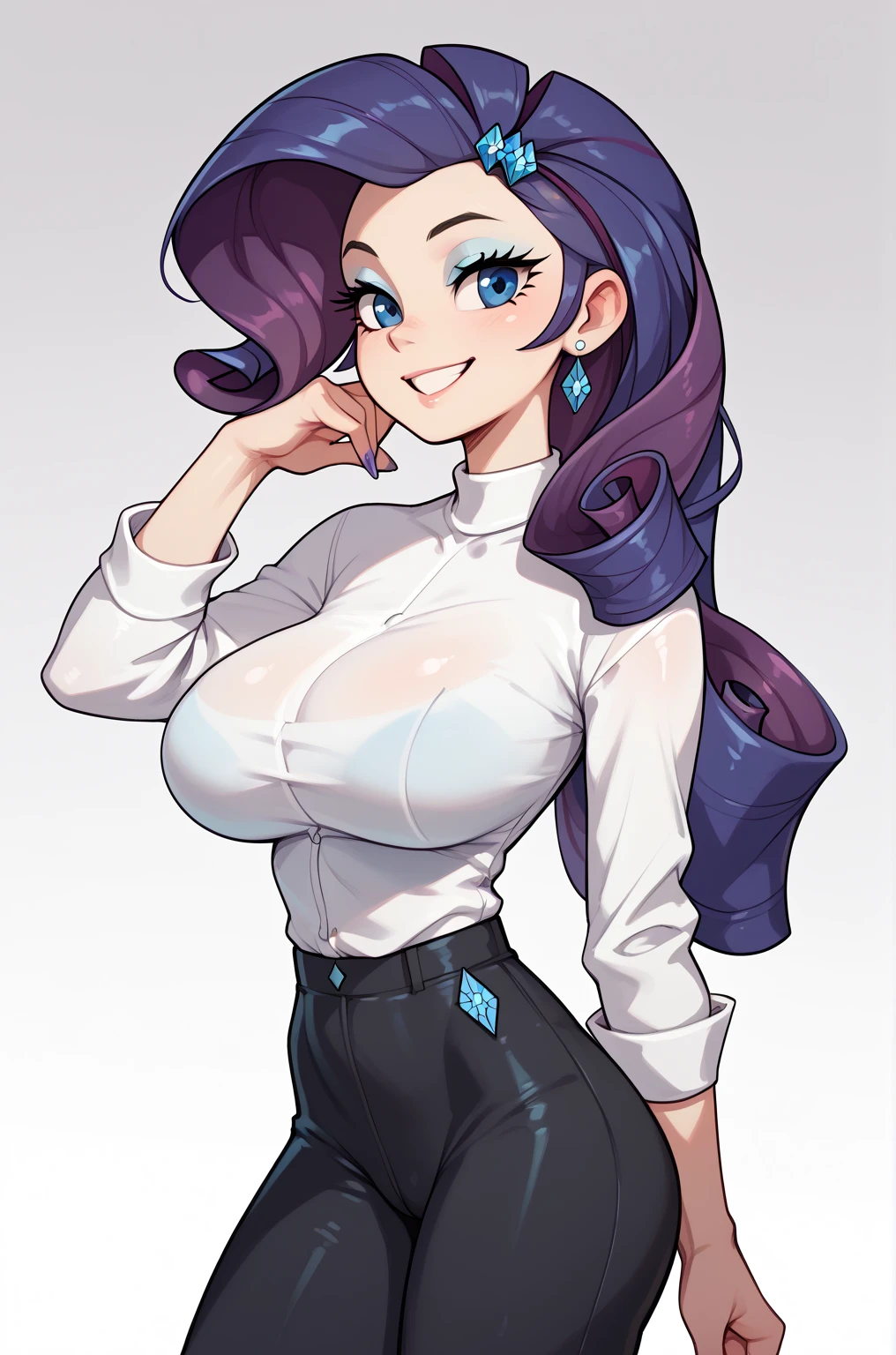 My little pony, anthro, dark blue detailed hair, white body, brown eyes, very seductive pose, opened her mouth, and strings of saliva stretched, saggy panties, big breasts, pussy under panties, finger on tongue, heart collar, earrings, piercing, black eyeshadow, black nails, patterned underwear, (pink school uniform)