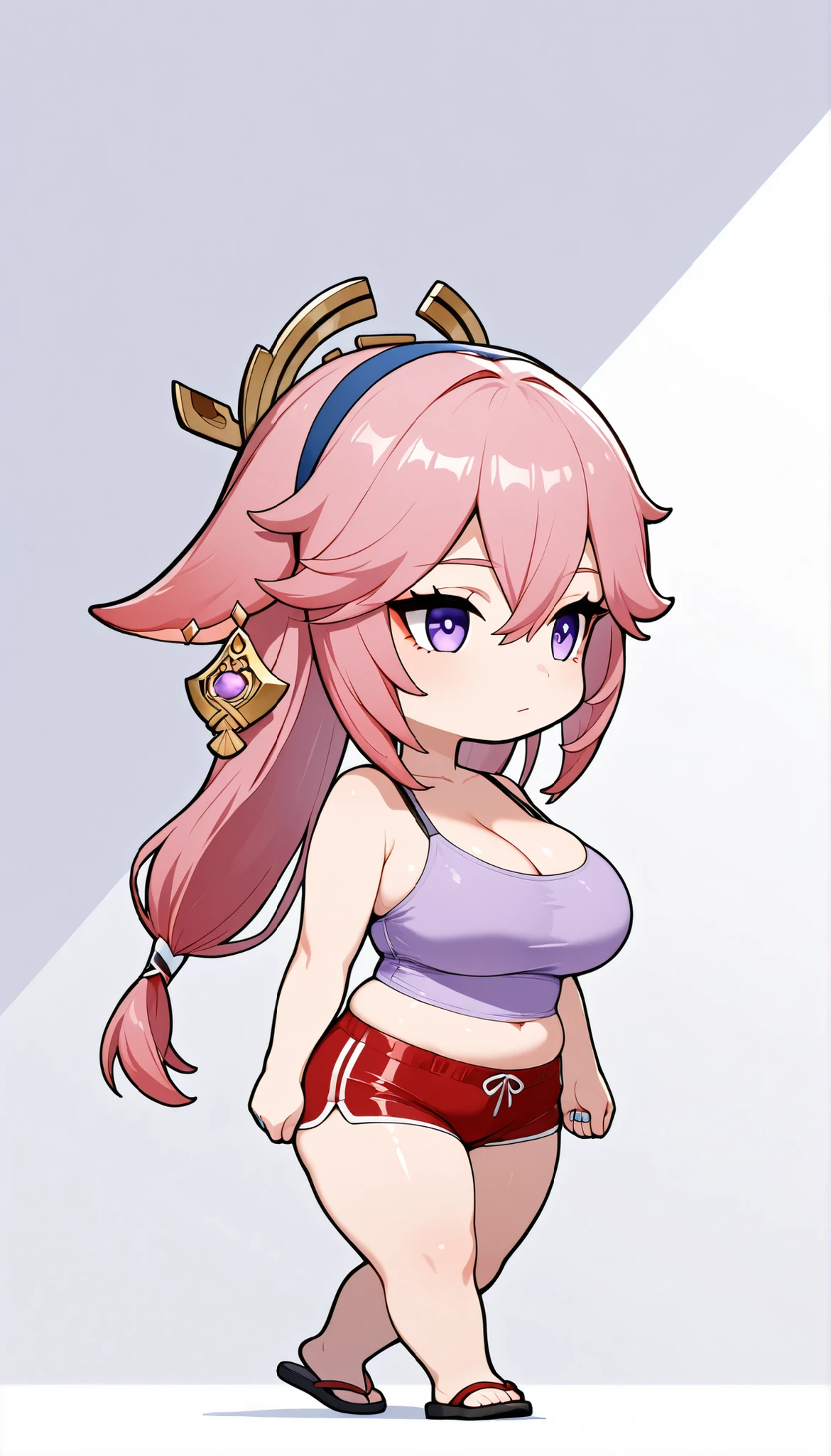 Takeda, 1girl, (chibi: 1.5), MILF, mature female, voluptuous, curvy, fit female, thick thighs, collarbone, large breasts, very large breasts, blue hairband, (split ponytail: 1.3), pink hair, light purple eyes, (yae miko from genshin impact), (tight clothing, tight fit, skin-tight, visible bra strap, cleavage, lavender tank top, red short shorts, wedding ring, midriff, flip-flops), fullbody, solo, walking, hands down, from side, looking away, white background, black outline BREAK masterpiece, best quality, highly detailed, detailed eyes, ultra-detailed, sharp focus, soft lighting, volumetric lighting, dynamic composition, 8k, full HD, vibrant colors, perfect anatomy