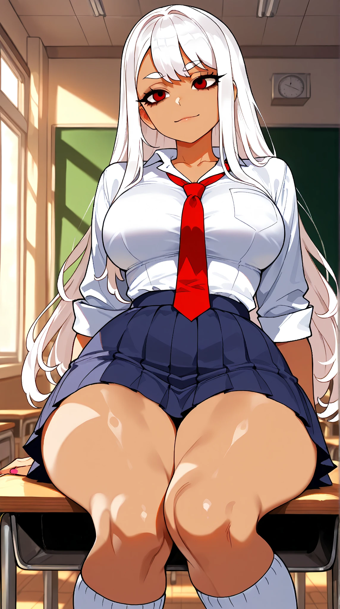 (masterpiece), (best quality), (ultra-detailed), (illustration), In the classroom at sunset, (school uniform, skirt, khaki sweater, panties), big breasts, (squatting), cute face, big eyes, smile, Long hair, silver hair, shining eyes, from below,