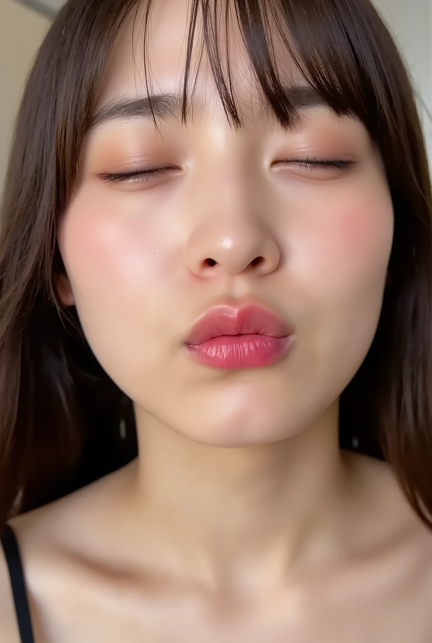 beautiful young woman, eyes closed, euphoric smile, extremely puckered lips, lips pushed far forward, tight kissy mouth, lips forming a sharp O-shape, exaggerated kiss face, heart-shaped lips, ultra glossy pink lips, flushed cheeks, ears blushing, black camisole, collarbone visible, close-up, upper-front angle, full head in frame, soft studio lighting, lips extremely pursed, lips protruding, high gloss on lips, moist lips, lip focus, plump lips, smooth skin with soft texture, faint peach fuzz, skin pores subtly visible, intense affectionate mood, face slightly tilted back