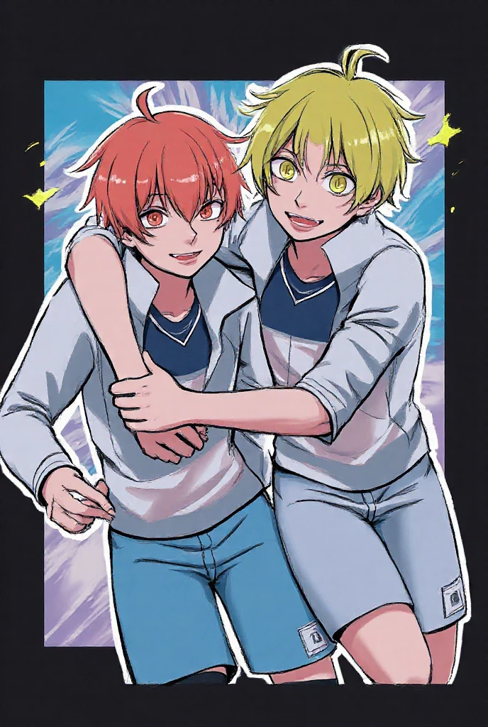 el chico de cabello gris grita asustado, The orange-haired boy feels pain. There are three boys. A 7-year-old boy with white hair attacks the heart directly. A 17-year-old boy with orange hair protects the 17-year-old gray-haired boy., en el fondo se ve una hermosa ciudad arabe de fantasia