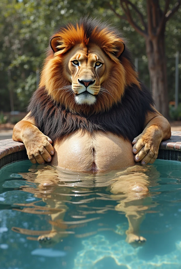 male lion with a long flowing blonde mane, beautiful detailed eyes, beautiful detailed nose, beautiful detailed lips, extremely detailed eyes and face, long eyelashes, very massive and very obese body, very big belly, very fat belly, very fat body, powerful arms and pectorals, wearing tight black jockstrap, about to enter luxurious jacuzzi in lush garden on beautiful sunny day, (best quality,8k,8k,highres,masterpiece:1.2),ultra-detailed,(realistic,photorealistic,photo-realistic:1.37),HDR,UHD,studio lighting,ultra-fine painting,sharp focus,physically-based rendering,extreme detail description,professional,vivid colors,bokeh,cinematic,realistic,correct eyes