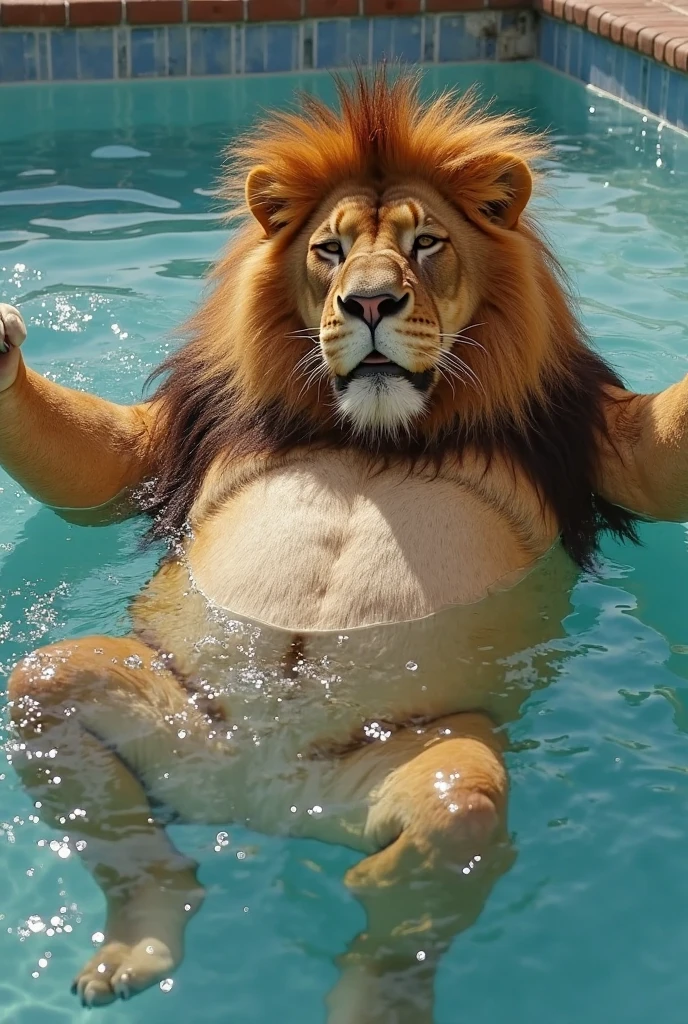 a huge fat male lion with a blond mane, extremely detailed eyes, long fur, very hairy, a very large and fat belly, fat belly, big and fat butt, not muscular, wearing a tight jockstrap, in a swimming pool in a garden, face portrait, face portrait realistic, flexing arm, realistic, 8k, photorealistic, correct eyes, correct anatomy, correct hand