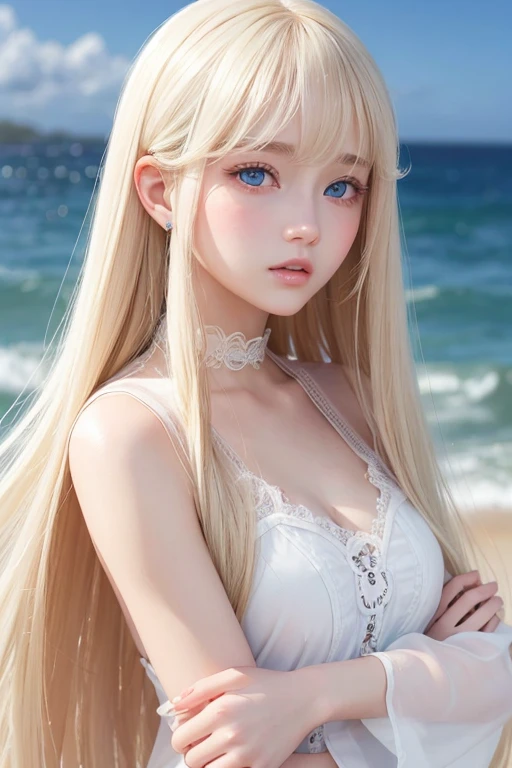 "Generate a hyper-realistic image of a 14-year-old girl from Montenegro with authentic face features, set against a realistic open sky, showcasing the best quality and intricate details, wearing white shirt gold strips, body chest exposed, white long hair."