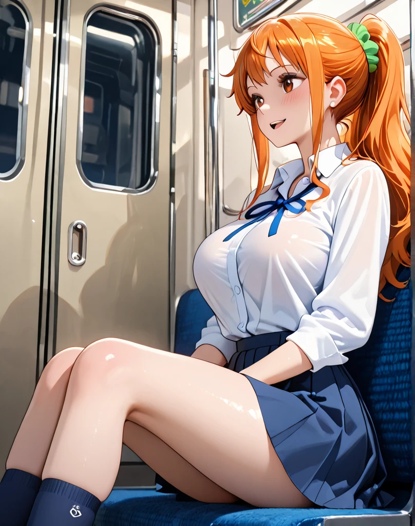 schoolgirl, ponytails, red hair, shy, , small breaster belt, without panties, on in, sit down, open shirt, legs spread, close to pussy, shaved pussygering