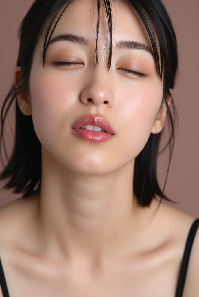 1girl in, Ultra detailed skin, Look, Brown eyes, (Short shoulder-length hair and bangs: 1.2), (Photorealistic: 1.4), (Best Quality: 2.0), (Ultra High Resolution: 1.0), 8K, Raw photography, (masutepiece: 1.5), (pureerosface_v1:1.5), a red bra, Satin fabric, Big eyes, Big breasts, Dynamic lighting, Bedroom, Wet and shiny skin, drooing eyes, Glossy lipstick, White and beautiful skin, Sweaty and wet, [Sexual arousal: 1.1], [Lying in bed: 1.5]
