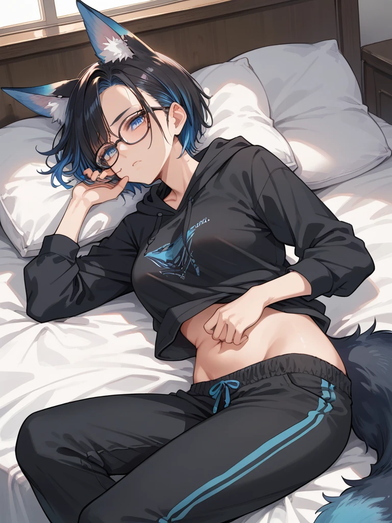 1boy, big sharp cat ears, fluffy cat tail, blue eyes, black messy short hair, smile, looking at camera, black striped thigh highs, hoodie, HD, vibrant, masterpiece, best quality