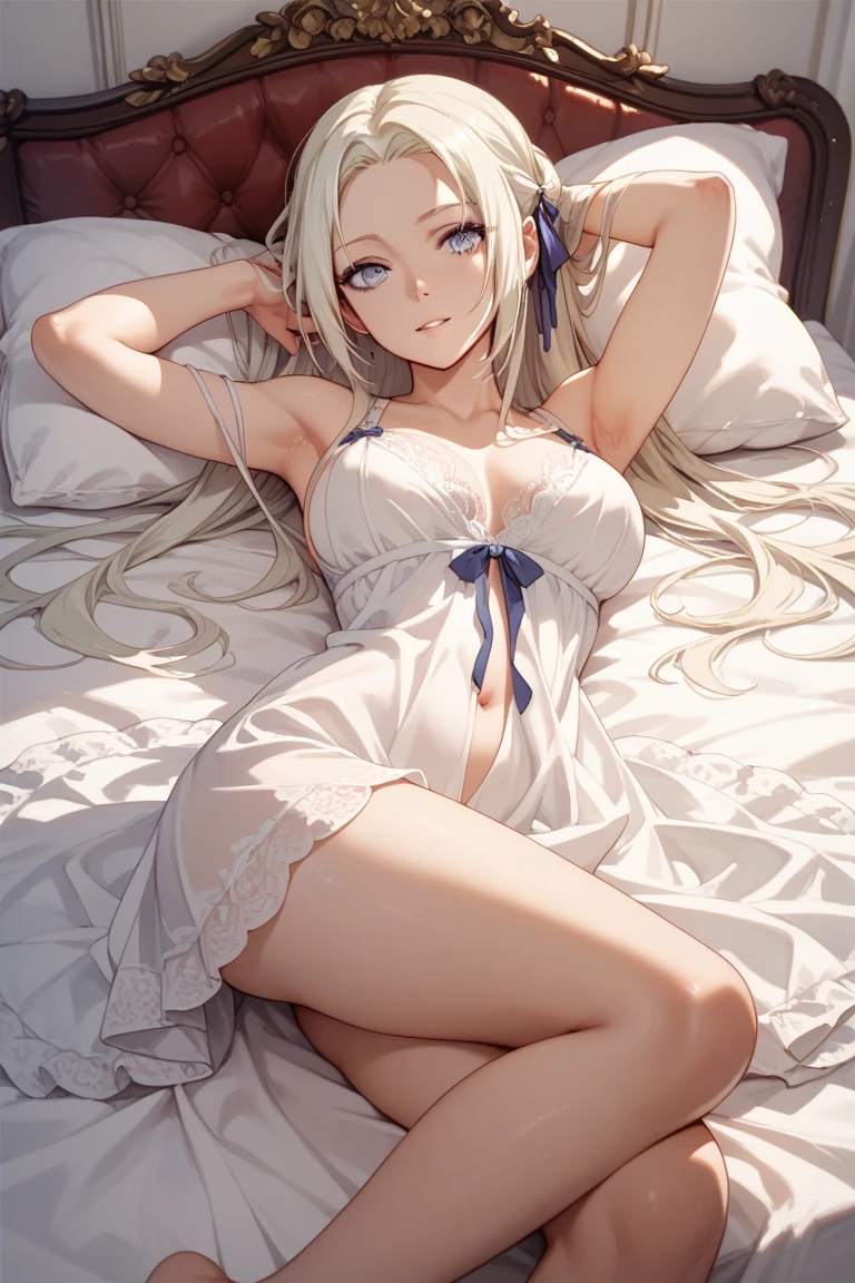 masterpiece, Highest quality, Highly detailed CG Unity 8k wallpaper,((whole body)), ((Bedroom inside the spaceship)), (Long pointed ears), Elegant long wavy platinum blonde hair, ((Average chest, Self-illuminating skin)), ((A revealing black-on-white military uniform)), ((Lying down with legs apart, Genitals are visible)), (Sweaty and wet white skin), (Mechanical Circlet), (blush), , (Captivating smile), A cute, symmetrical face, Detailed eyes, Key Art, Awards, intricate detail realism hdr, Photorealism, Hyperrealism, Ultra-realistic, Dramatic Light, Strong Shadows, Nice views, Depth of written boundary
