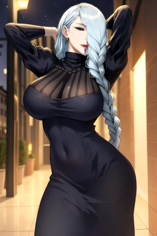 MeiMeiBD1, 1girl, solo, long hair, braid, hair over one eye, dress, smile, black dress, looking at viewer, breasts, long sleeves, braided bangs, large breasts, blue hair, braided ponytail, turtleneck dress, cowboy shot, makeup, red lips, grey hair, one eye covered, puffy sleeves, lipstick, closed mouth, turtleneck, sitting, girl sitting in, sitting in, black eyes, half-closed eyes, curvy, wide hips, covered navel, impossible clothes, outdoors, night, sky, clouds, stars, streetlights, lights, buildings, plants, bushes, (narrowed eyes:1.2), (squinted eyes:1.2), BREAK
masterpiece, best quality, highly detailed background, perfect lightingbest quality, ((shiny skin, glossy skin, detailed skin))