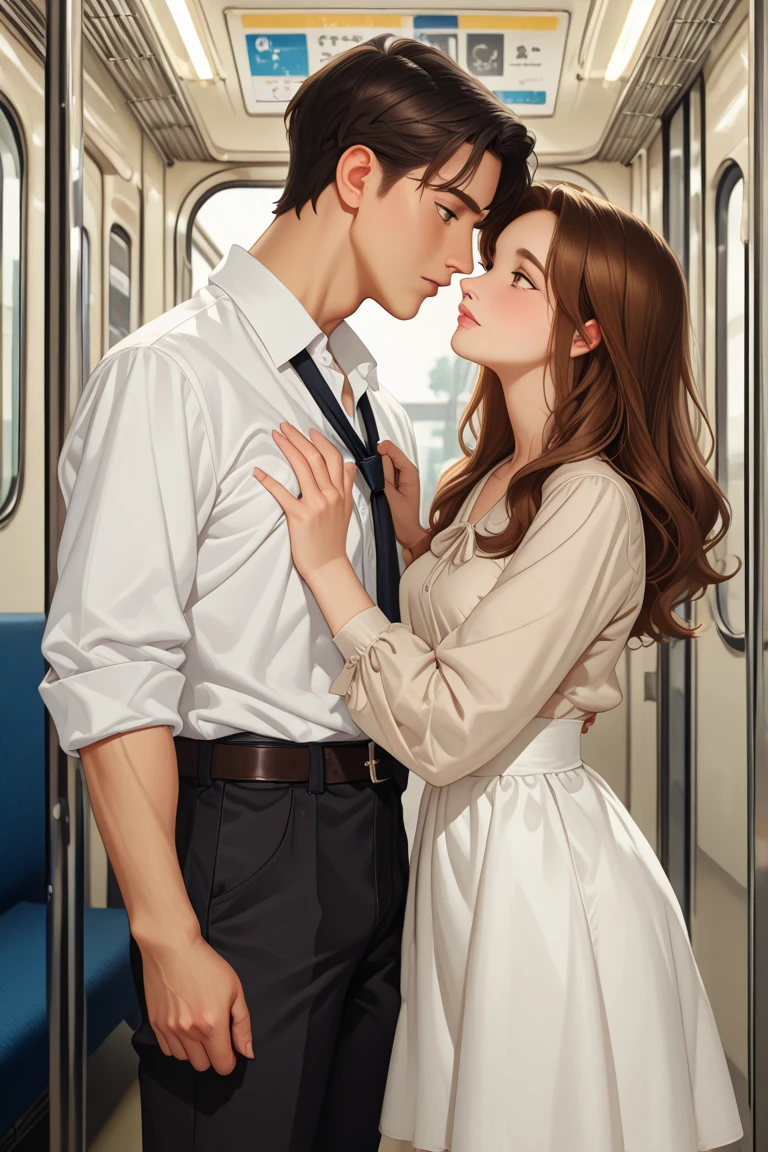 nsfw,hyperrealistic anime,adult curvy gyaru,tanned gyaru,man holding woman in arms,grabbing bres,standing side by side,groped by man at train,dark brown hair,earring,plain blouse,patterned skirt,man groping woman from side,