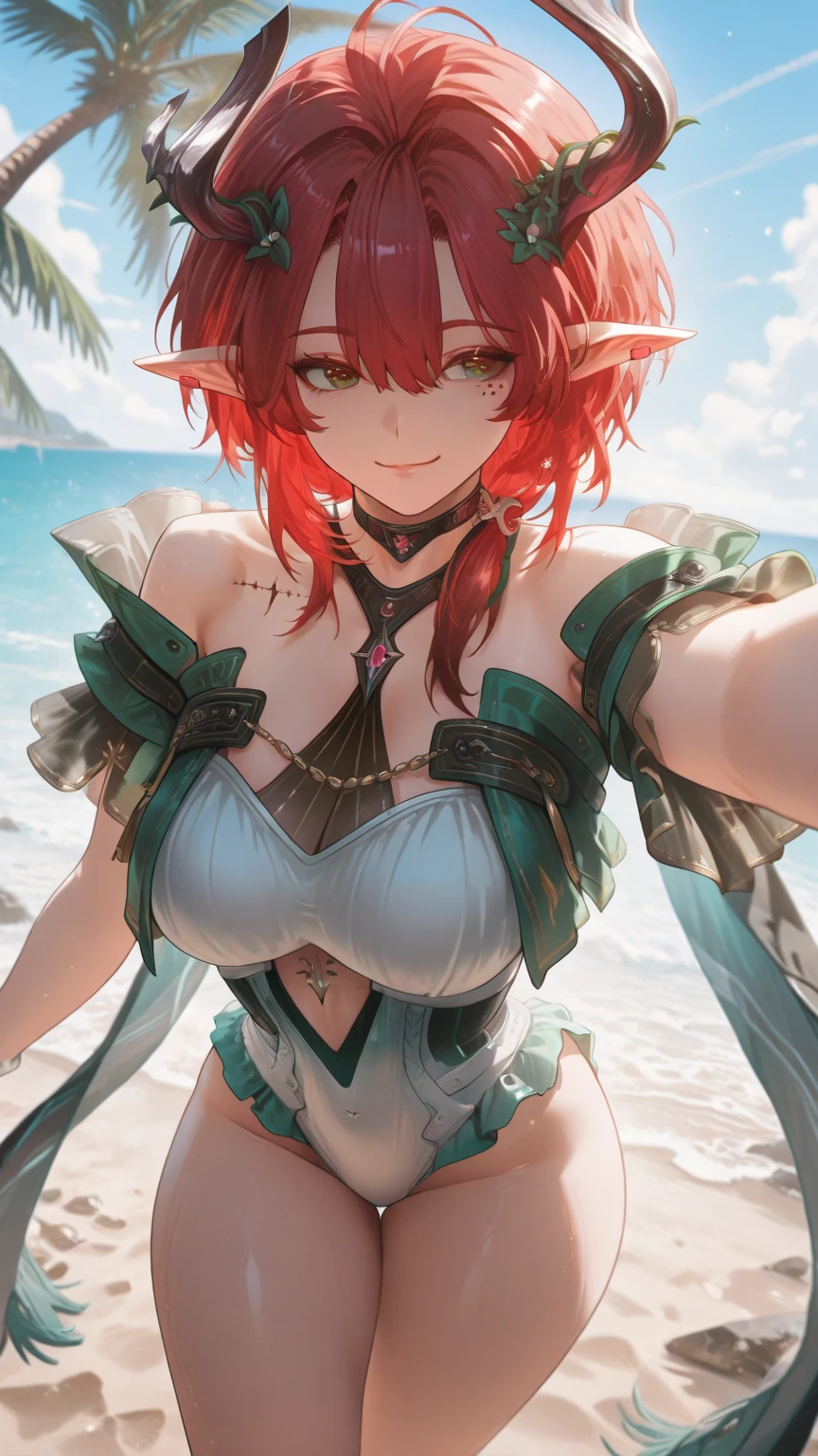 ((best quality)), ((masterpiece)), (detailed), happy goblin girl, green skin, pointy ears, yellow hair in tight ponytail, tiny breasts, 3 feet tall, very small, very tiny, very thin, muscular, at an outdoor Olympic swimming pool, bikini, (looking at viewer), naughty smile, sexy, teasing, sunset, romantic lighting, mouth hold, flirty