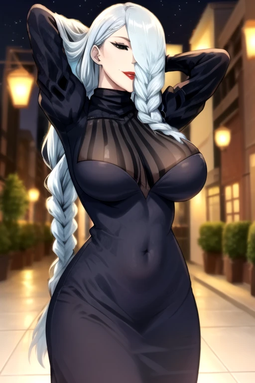 Nsfw,(perfect female proportions)++, (blush, milf, curvy body, voluptuous breast)++, beautiful detailed eyes, breast enhancement, toned female, glamorous perfect female proportion, (symbol of evil:1.2), horny woman, lascivious woman, (evil smile:1.1), (villain, dark heroine:1.2), (perfect female proportions:1.1), (seductive eyes:1.2), eyeliner, mascara, sexy makeup, (seductive smile:1.2), (mature woman:1.4), (milf:1.1), masterpiece, best quality, high quality, illustration, film grain, 1girl, (glowing evil red eyes), evil grin, crazy eyes, (high resolution, masterpiece, ultra best quality, insanely amazing hyper fine extremely detailed, official:1.4) dark heroine anime girl with short hair in a dark and evil place, extremely detailed artgerm, (official:1.4), dynamic composition, (solo girl:1.4), {nsfw}, masterpiece, ultra-detailed, iconic attack, dominatrix, spiked collar, fishnets, fishnet_legwear, 1girl, jewelry, solo, breasts, silver_hair, earrings, necklace, bodysuit,(illyasviel_von_einzbern)+++, 2D, bodysuit fishnets, unmoving_pattern, lips, pantyhose, chain-link_fence fishnets bodysuit, smile, looking_at_viewer, see-through, cleavage, long_hair, navel, makeup, nipples, red_eyes, lipstick, pearl_necklace, bodystocking, mature, nail_polish, gloves, revealing_clothes, ring,standing, solo_focus, solo girl, solo, cross,