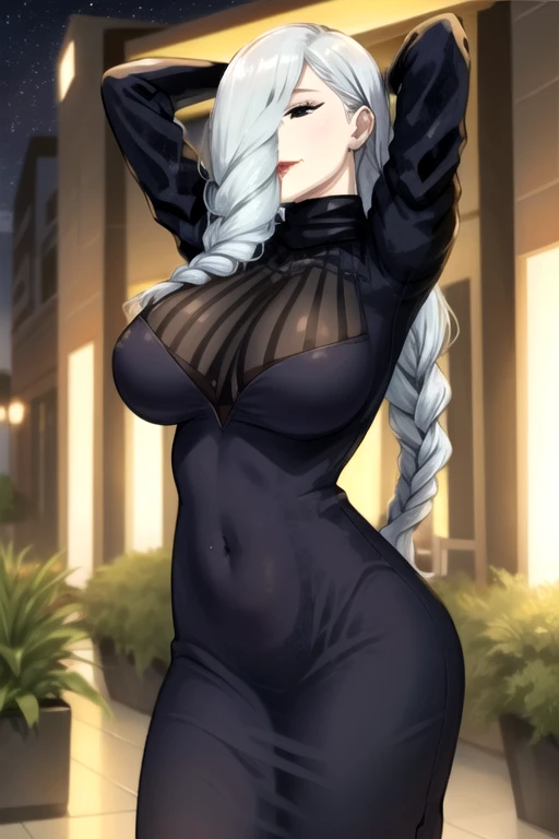 MeiMeiBD1, 1girl, solo, long hair, braid, hair over one eye, dress, smile, black dress, looking at viewer, breasts, long sleeves, braided bangs, large breasts, blue hair, braided ponytail, turtleneck dress, cowboy shot, makeup, red lips, grey hair, one eye covered, puffy sleeves, lipstick, closed mouth, turtleneck, arms up, arms behind head, black eyes, half-closed eyes, curvy, wide hips, covered navel, impossible clothes, outdoors, night, sky, clouds, stars, streetlights, lights, buildings, plants, bushes, (narrowed eyes:1.2), (squinted eyes:1.2), BREAK
masterpiece, best quality, highly detailed background, perfect lightingbest quality, ((shiny skin, glossy skin, detailed skin)), (((detailed lips))), (((detailed eyes)))