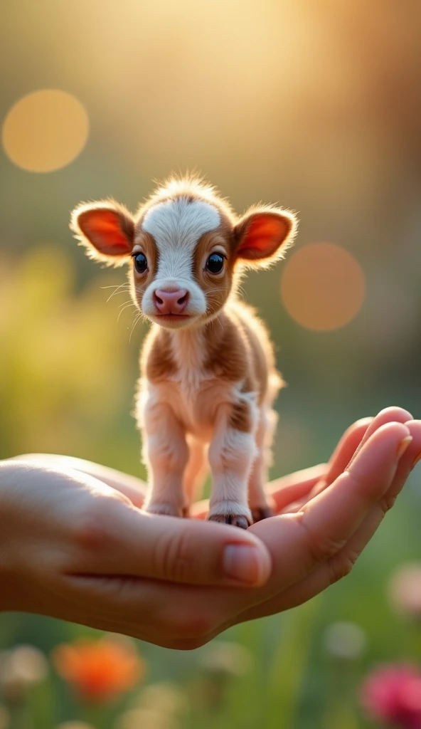 There is a small calf sitting in a person's hand, a miniature calf, a miniature animal, sitting on a finger, cute and cute, cute and cute, cute kitty, cute calf, the photo is very realistic, very small,  Picture of a beautiful cow, just a neat little thing, cute little nose, beautiful and cute, beautiful creature, pretty cute, very detailed photo.
