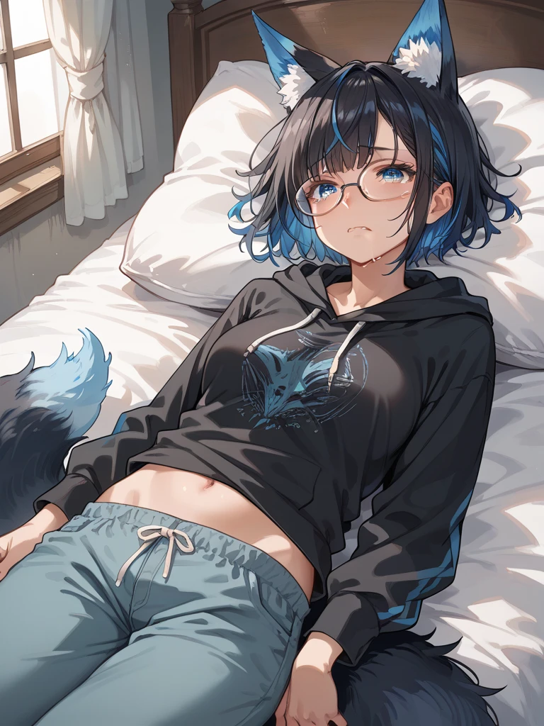 1boy, big sharp cat ears, fluffy cat tail, blue eyes, black messy short hair, smile, looking at camera, black striped thigh highs, hoodie, HD, vibrant, masterpiece, best quality