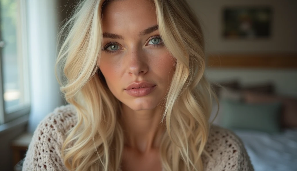 a woman in her 50s, long blonde hair, Blue-green eyes, shopping, face detailed, realisitic, photorealisitic, 8k, work of art, high qualiy, studio lighting, bright coloured, warm light, classy fashion, shopping mall interior, glass windows, Reflections, City skyline background