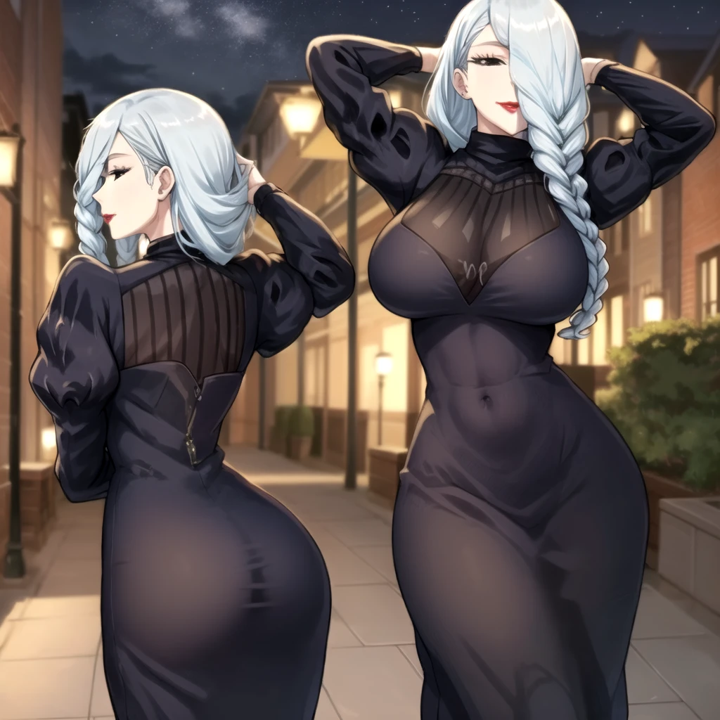 Mei mei (jujutsu kaisen), (masutepiece, Best Quality), ultra-detailliert, Photorealsitic, beautiful woman with blue hair, ((Wear elaborate and exotic leather bodysuits and harnesses)), sexy underwear, garterbelts, fishnet tights, long boots, a necklace, Leather Accessories, Wavy Hair, Perfect face, Beautiful face, enticing, big gorgeous eyes, I have my mouth wide open, Happy, heavy make up, Purple lips, Dark Eye Makeup, Green eyes, seducting smile, Glamorous body, Big ass, (Basement at night), Pose Seductive, Wide angle shot from behind