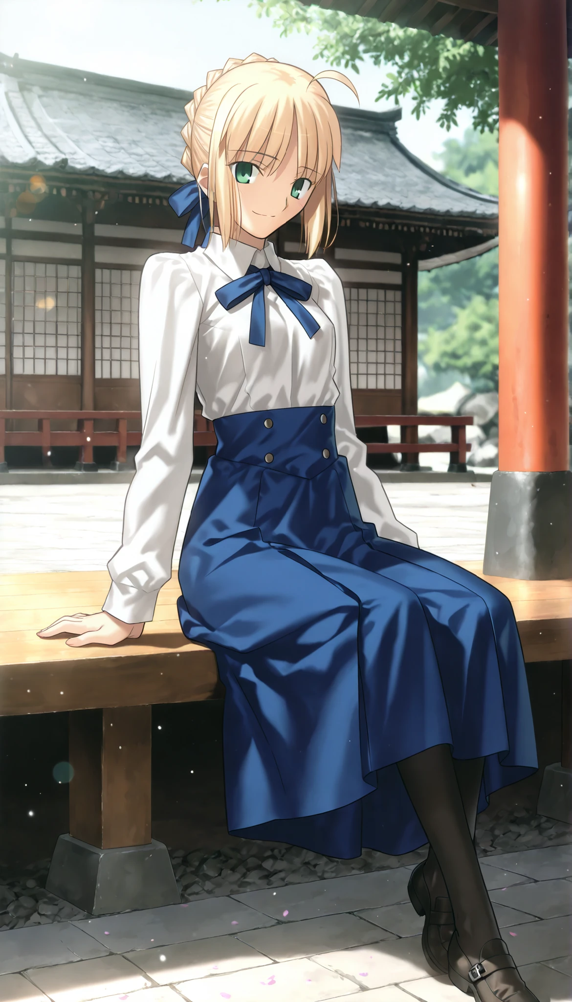 masterpiece, , absurdres, highres, detailed background, high resolution, masterpiece, necessary, detail, best quality, quality, necessary, details, High details, Precise, dark, outdoors, (colorful light particles, powder light, Japanese style architecture,),day lens flare, blurry background, ,                                            
                                                                                                                                                                                                                         1girl, Takeuchi Takashi (type-moon,tsukihime) style, takeuchi takashi style, (aged up), light smile, sitting, stretch legs,  
   
girl, (mature, slender body, slim arms, slim bod),artoria pendragon (fate), saber (fate), blonde hair, green eyes, ahoge, hair ribbon, blue ribbon, french braid, braided bun, single hair bun, short hair, sidelocks, neck ribbon, blue ribbon, white shirt, collared shirt, long sleeves, blue skirt, high-waist skirt, long skirt, black pantyhose, small breasts,