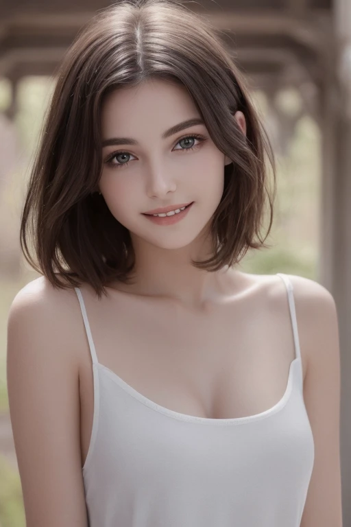 ((Bella Sanchez)), Belle jeune fille, Super nice facial detail, smile, short hair, bobbed hairstyle, (layered bob haircut), grey tank top, ((clivage)), in a golden wheat field, sunset, mountain background, (beaux seins), medium breasts, slim body, accessoires, earrings, High quality, Realistic, Very detailed, High definition, RAW color photo, ((Realistic full-body photo)), natural light, Beautiful Detailed, super detail, High Details, (red lipstick), ultra high res.photo realistic: 1.4, UDH, ((realistic))