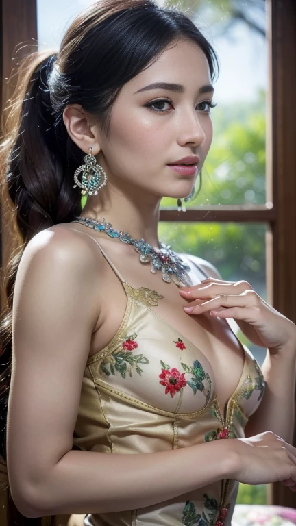 NSFW,sexly,(Good,+beautiful detailed Panties with colorful floral embroidery and gorgeous embroidery +:1.5),Salute,(Flower motif lingerie),(Gorgeous:1.2),(Lace,Detailed:1.3),(See-through:1.6),Small round breasts,
break
Earrings、(((Trendy hairstyles))), (eyebrows hidden by hair),( hair ornament, hair clips), Wavy Hair, medium breasts,thin lips,(Slender),Happy,BREAK
masterpiece, Best Quality,(Photorealistic: 1.4),Ultra High Resolution, Unity 8k Wallpaper, (Beautiful detailed eyes:1.6),Symmetrical, extra detailed face, Perfect Lighting, (Perfect hands, Perfect ???????),