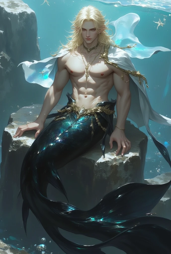 1 male, underwater, soft body, pretty looking man, slim waist, small, lean body, undersea, with many coral tentacles and vines, male (mermaid), transparent jellyfish (purple), mermaid tail, naked, breasts, pearl necklace, bracelet, small diamond belt, light pink, dolphin, good quality, good light, bubbles, gray hair, light purple eyes, long hair, long wavy hair,