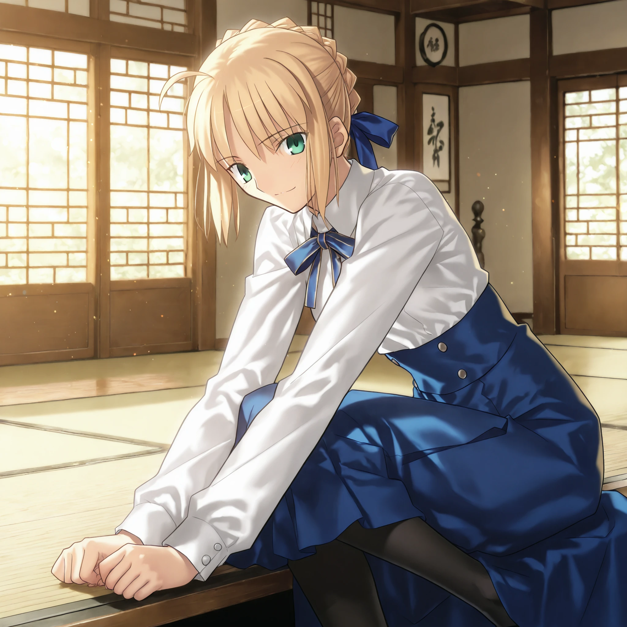 masterpiece, , absurdres, highres, detailed background, high resolution, masterpiece, necessary, detail, best quality, quality, necessary, details, High details, Precise, dark, indoors, (colorful light particles, powder light, Japanese style architecture,),day lens flare, blurry background, ,
1girl, Takeuchi Takashi (type-moon,tsukihime) style, takeuchi takashi style, (aged up), light smile, sitting, stretch leg, leaning forward,
girl, (mature, slender body, slim arms, slim bod),artoria pendragon (fate), saber (fate), blonde hair, green eyes, ahoge, hair ribbon, blue ribbon, french braid, braided bun, single hair bun, short hair, sidelocks, neck ribbon, blue ribbon, white shirt, collared shirt, long sleeves, blue skirt, high-waist skirt, long skirt, black pantyhose, small breasts,