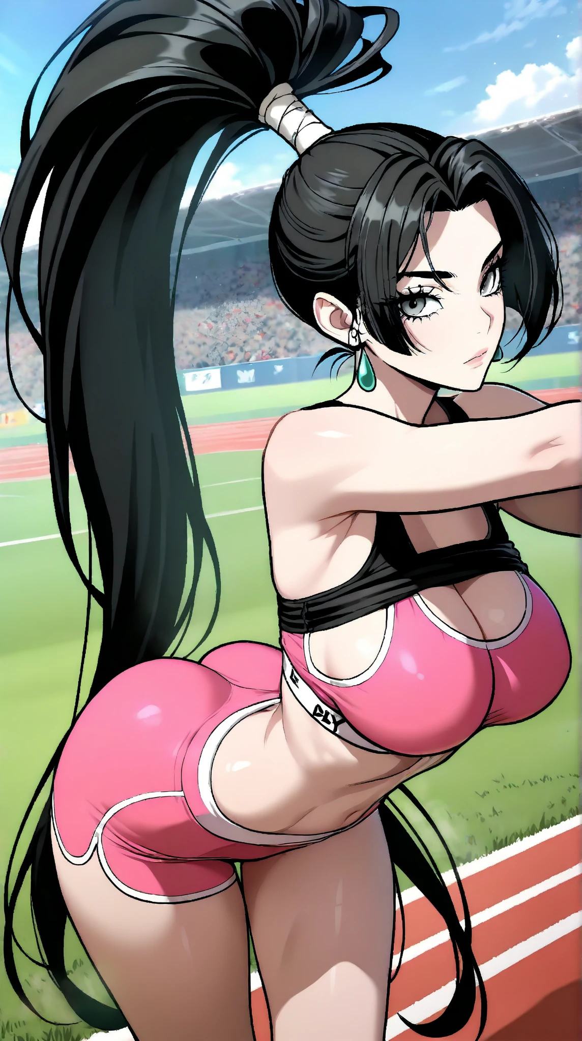 Pokémon、Nemo、big tits milf、big tits milf、big milf、solo、Nemona、long hair、orange eyes、ponytail、look at viewer、black pantyhose、gloves、orange tie、orange shorts、short sleeve、、stage、Stage Lights、Spotlight、peace sign、dutch angle、smile