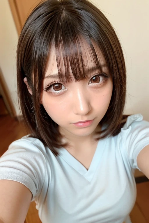 masterpiece,high resolution,high quality,Japanese women,Small and thin face,Perfect body,?????? look,Detailed eyes,Photorealistic,Bobcut,cute,(Cleavage:1.3)、T-Shirts