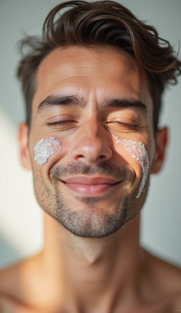 A man looking at his reflection in the bathroom mirror with his face bandaged, very well shaved crying but laughing at his condition