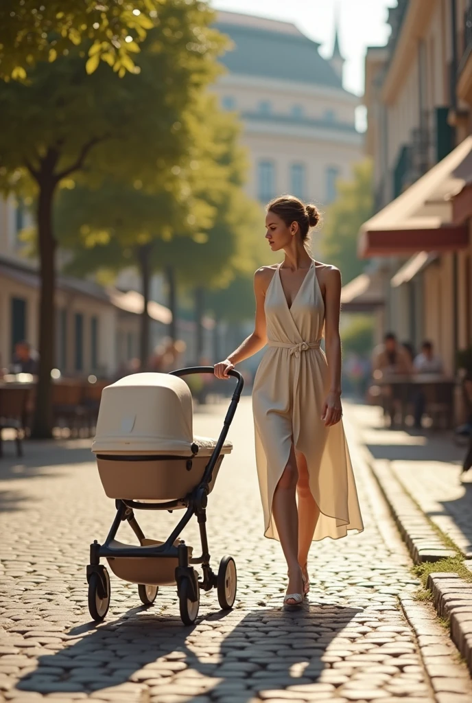 A striking cinematic photograph capturing a unique scene. A 20-year-old lithe female is strapped into a stroller. She wears a large pink and white baby diaper, a tight babydoll tee, a baby bonnet, and has a pacifier in her mouth. Her friend, a 20-year-old athletic blonde woman, pushes the stroller down an empty park path. The blonde woman wears a white blouse, tight black shorts, and a large sunhat. The image is bathed in warm sunlight, creating a dramatic contrast between the two women and their roles in this unconventional scenario., photo, cinematic