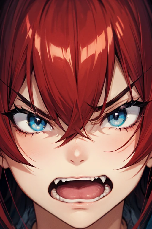 Masterpiece, 1person, (1boy:1.3), A young boy with white skin, short red hair, anime hair, hair up, straight hair, red hair, detailed hair, hair in a bun, wavy hair, cold blue eyes, detailed eyes, slin fitness and strong body, psychopath look, smiling psychopath, black clothes (black jacket and black jeans), sharp teeth, detailed teeth, maniac face expression, detailed face, detailed skin, detailed hands, detailed picture background,