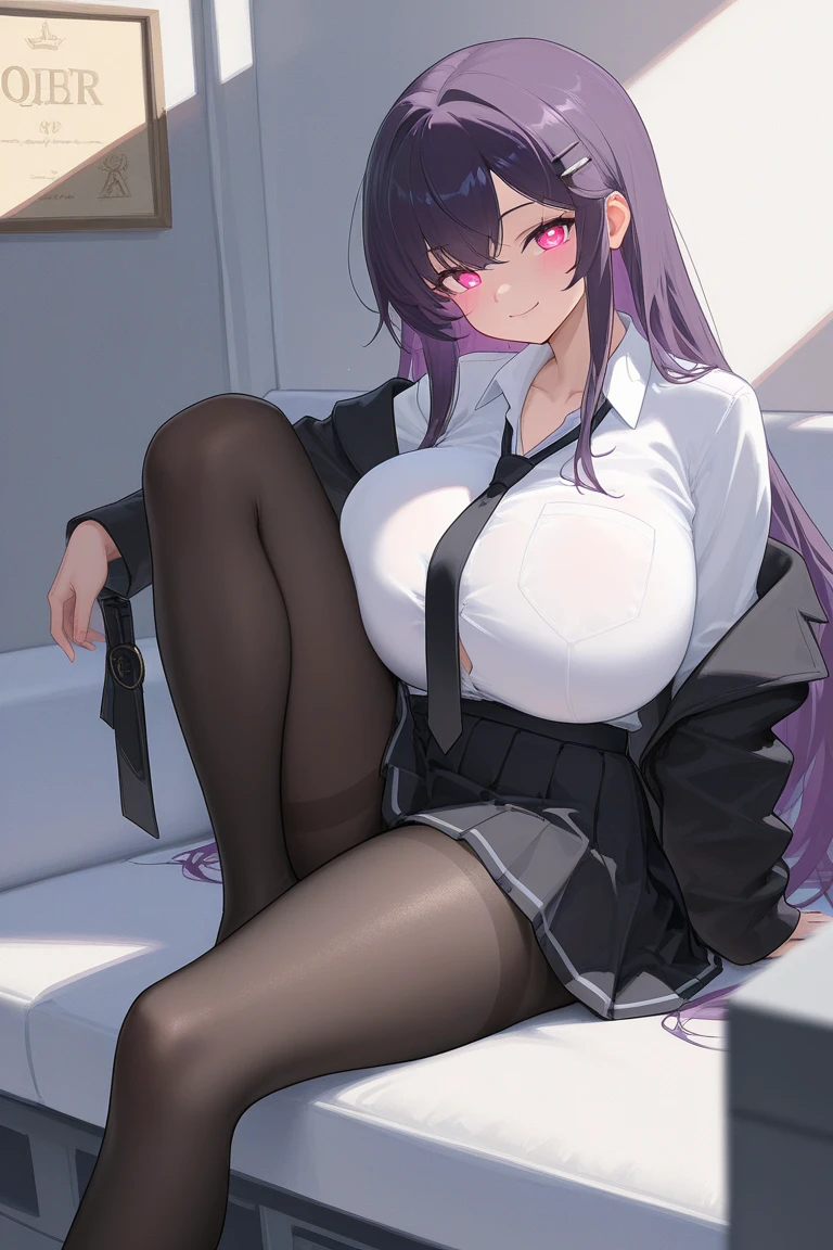 The Masterpiece, need, 1girls, Solo, Vaginal opening valgus,Purple pupils, Long black hair, largebreasts, full full body, Vaginal opening valgus,Stockings, Brunette Big breasts, long way hair, Fish headdress, Blushlush, hair clip, Footwear, blackstockings, A great opportunity, a school uniform, a school uniform, grey jacket, white blouse shirt, Red bow tie, fish hair ornament,No Panty,Open your legs,Vaginal opening valgus, Lateral breast exposure, Chest exposure, Scratches ,Vaginal opening, The legs are spread apart,Scratches,The vaginal opening is exposed,Vaginal opening valgus
