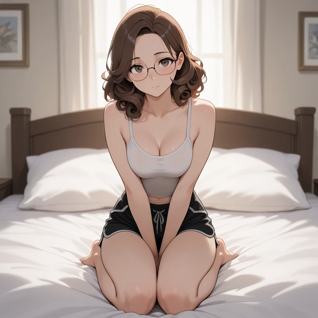 arafed woman with a white bra and a necklace, sexy girl with green eyes, portrait sophie mudd, brown hair and large eyes, selfie of a young woman, bedroom eyes, violet myers, without makeup, natural makeup, looking directly at the camera, face with artgram, subtle makeup, stunning full body shot, piercing green eyes, beautiful angle, attractive pose, cute girl, sexy pose, full body picture, full body, full body shoot, brunette goddess, high detail, satisfied pose, sitting on a bed