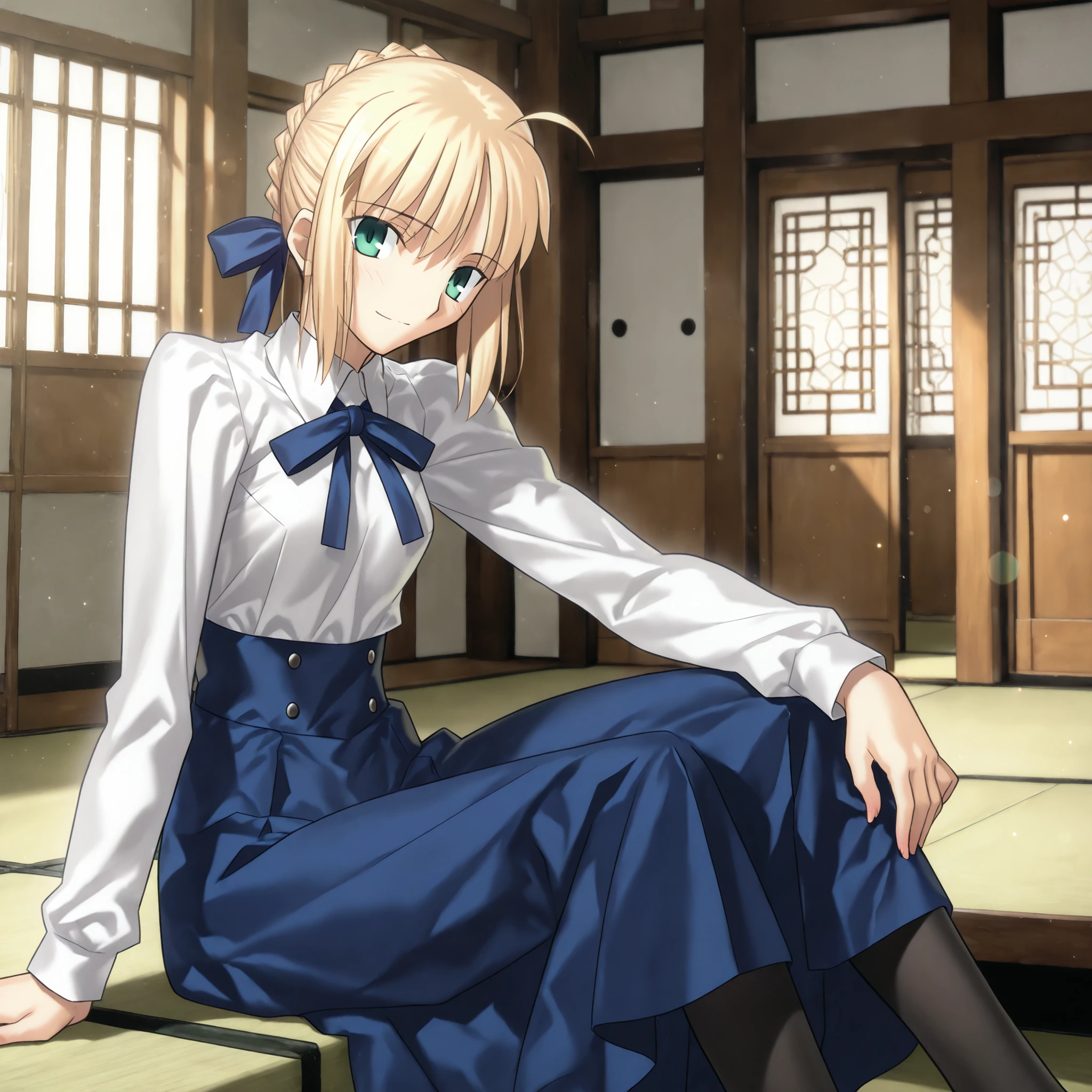 masterpiece, , absurdres, highres, detailed background, high resolution, masterpiece, necessary, detail, best quality, quality, necessary, details, High details, Precise, dark, indoors, (colorful light particles, powder light, Japanese style architecture,),day lens flare, blurry background, ,
1girl, Takeuchi Takashi (type-moon,tsukihime) style, takeuchi takashi style, (aged up), light smile,(look stupefied, sitting, stretch leg, leaning forward,
girl, (mature, slender body, slim arms, slim bod),artoria pendragon (fate), saber (fate), blonde hair, green eyes, ahoge, hair ribbon, blue ribbon, french braid, braided bun, single hair bun, short hair, sidelocks, neck ribbon, blue ribbon, white shirt, collared shirt, long sleeves, blue skirt, high-waist skirt, long skirt, black pantyhose, small breasts, )