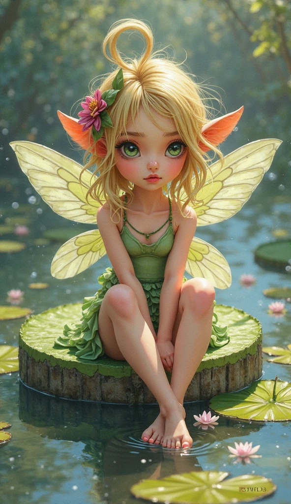 A cute fairy (crystalline butterfly wings, prismatic hair, large eyes, nude) has gotten drunk on honeydew. She is passed out on the top of a toadstool fingering her pussy. enchanted woods