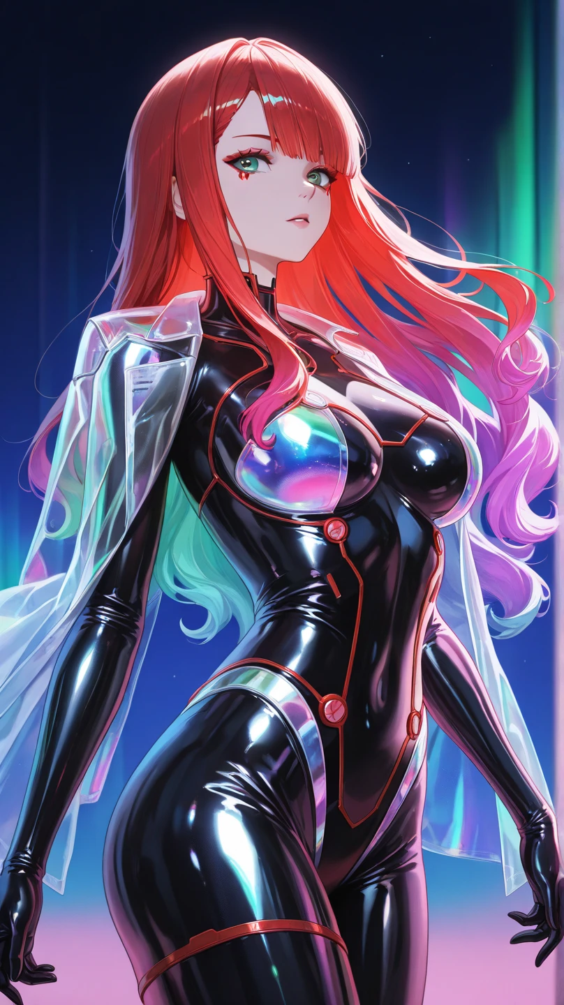 top-quality、Top image quality、masterpiece、girl with((18year old、Best Bust、big bast,Beautiful blue eyes、Breasts wide open, long black and red hair、A slender,Large valleys、,Black bodysuit、blue lightning face paint、Grinning face、piece sign、floating state、blue cloak)),hiquality、Beautiful Art、Background with((cosmic space、Weightlessness、floating state)))、,masutepiece、visualart、depth of fields、
