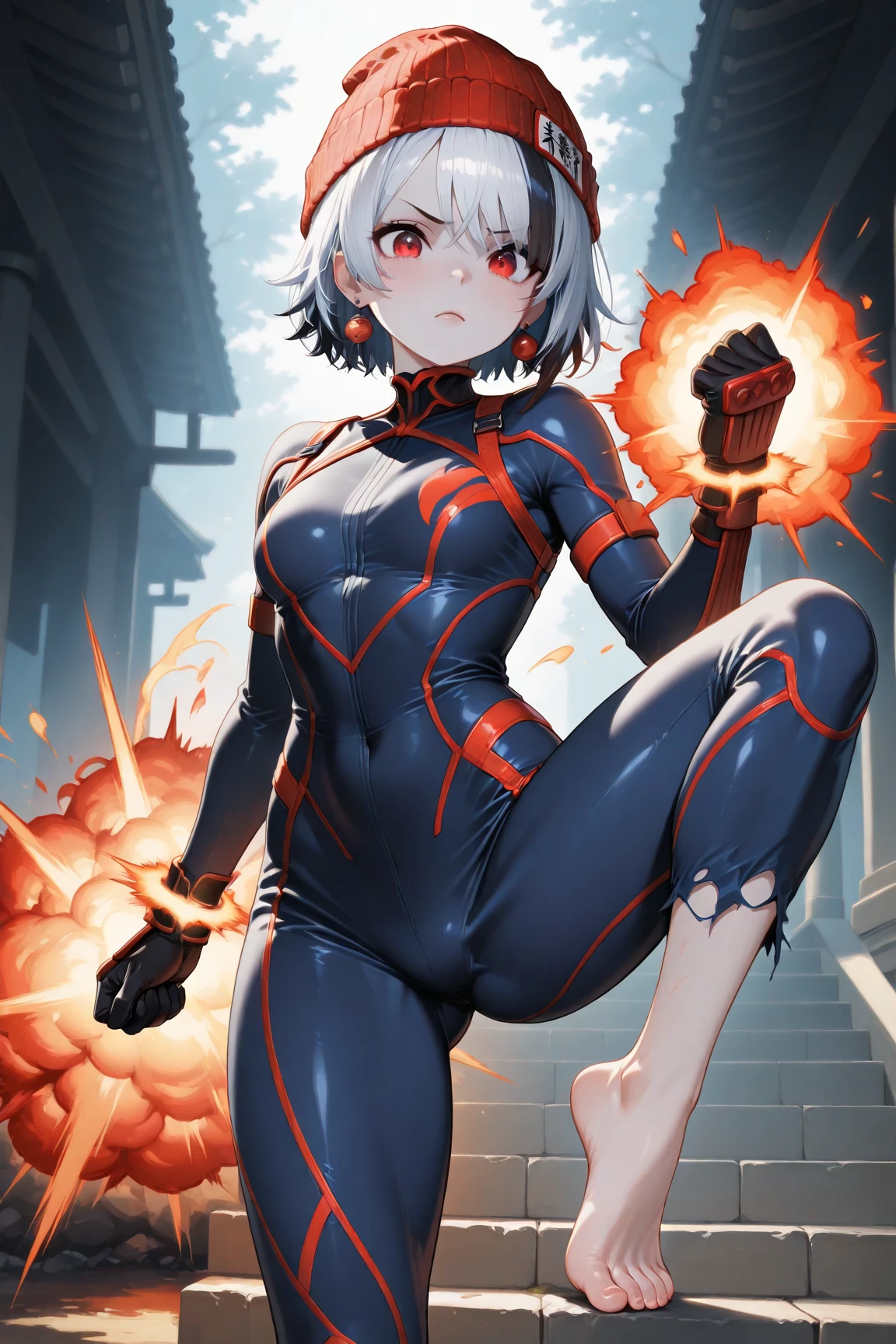 girl,back,butt,red hair,short bob,red eyes, (Ultra Girl :1.0), silver and red ultraman bodysuit, Upper body, put your hands on your hips,fist,big breasts