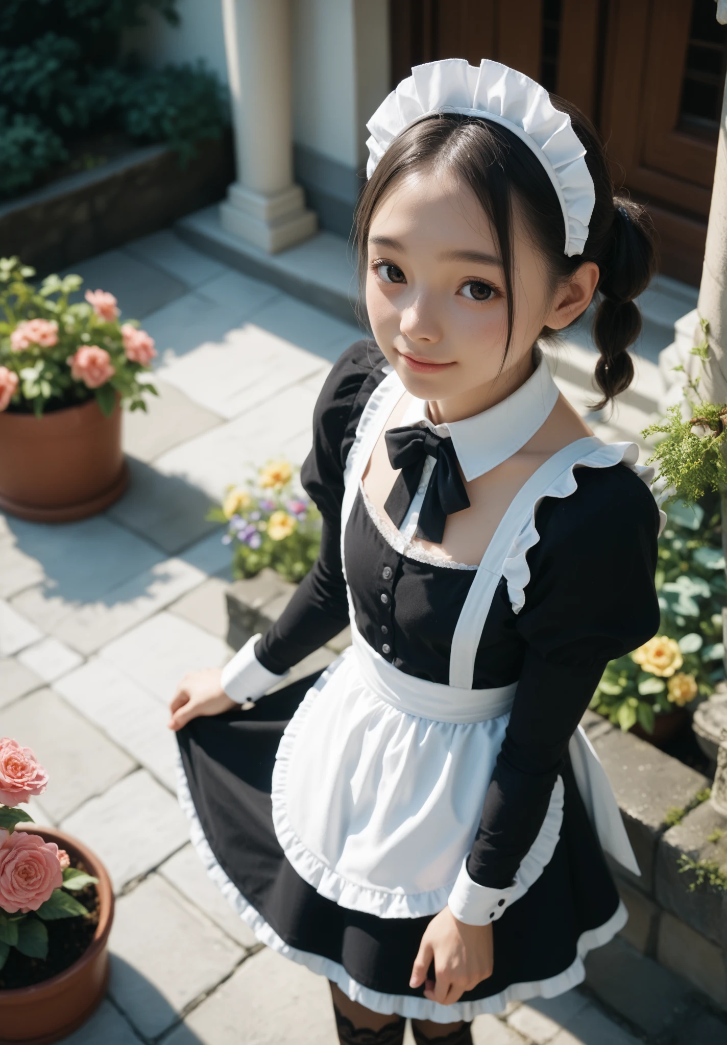 ((masutepiece)), ((Best Quality)), (Ultra-detailed), ((Extremely detailed)), Best Quality, (Beautiful), Solo, Victorian maid style, Pink maid clothes, ((Lace)), ((frilld)), large pink, with round face, For photographers, a smile,