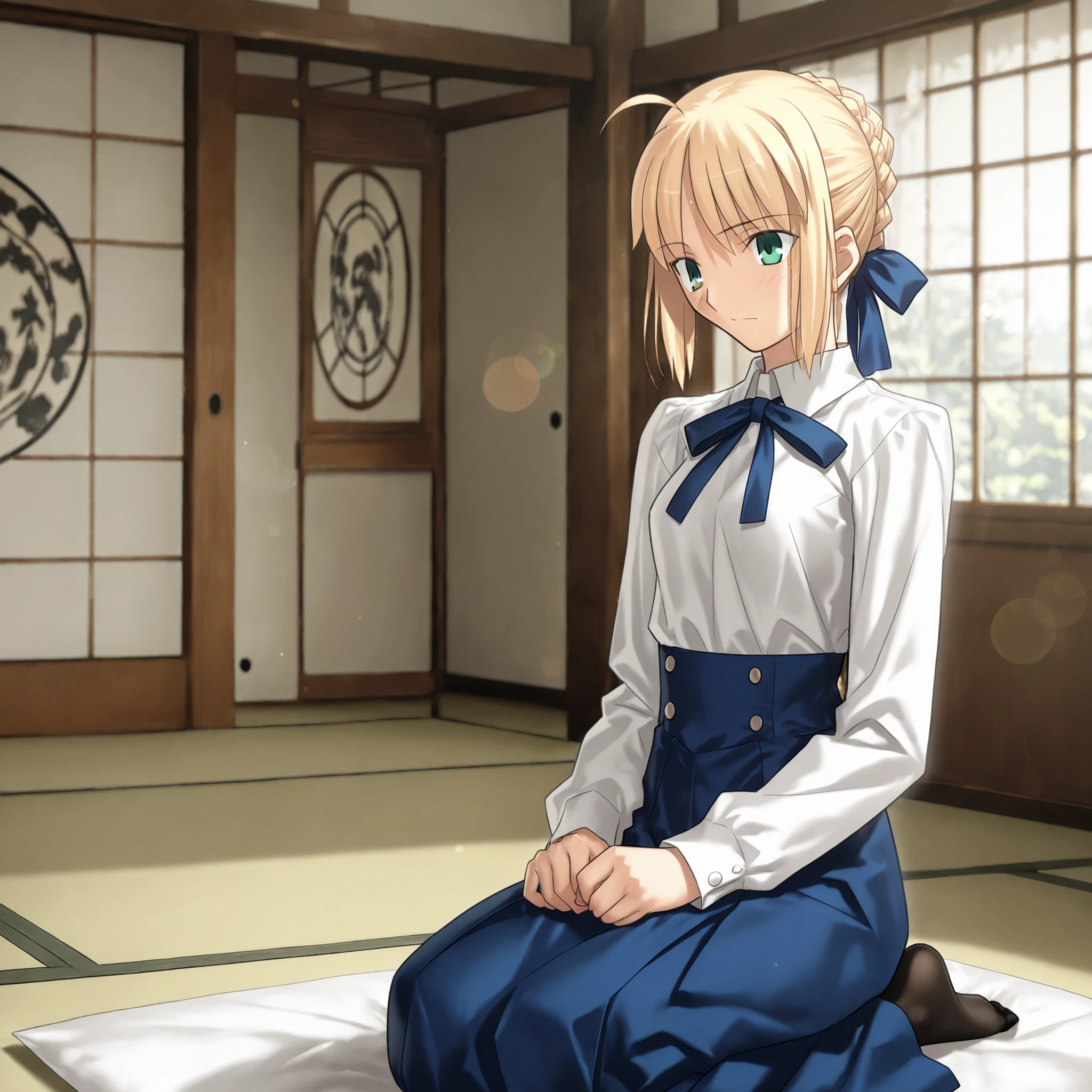 masterpiece, , absurdres, highres, detailed background, high resolution, masterpiece, necessary, detail, best quality, quality, necessary, details, High details, Precise, dark, indoors, (Japanese style architecture,),day lens flare, blurry background, ,
1girl, Takeuchi Takashi (type-moon,tsukihime) style, takeuchi takashi style, (aged up),(look stupefied), sitting, seiza, ,
girl, (mature, slender body, slim arms, slim bod),artoria pendragon (fate), saber (fate), blonde hair, green eyes, ahoge, hair ribbon, blue ribbon, french braid, braided bun, single hair bun, short hair, sidelocks, neck ribbon, blue ribbon, white shirt, collared shirt, long sleeves, blue skirt, high-waist skirt, long skirt, black pantyhose, small breasts, )