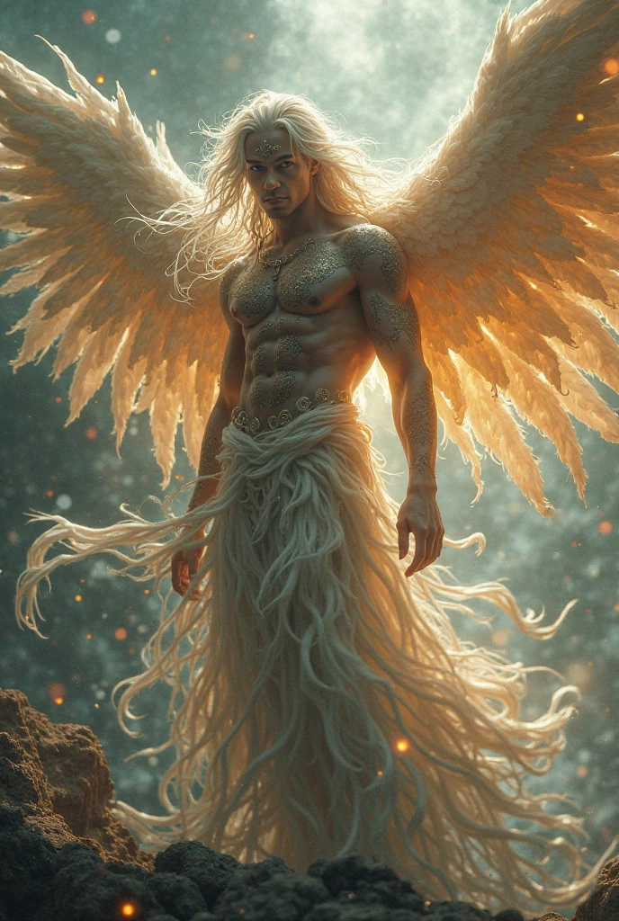blond, with white wings, mythology artwork, Youngh, naughty man, mighty, with clothes