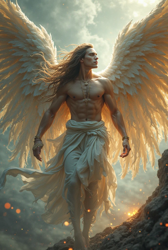 (masterpiece, best quality, hires, high resolution:1.2), extremely detailed, realistic, 8K wallpaper, WLOP, hyper-realistic art, falling angel to hell, 6 wings on him back, feather,