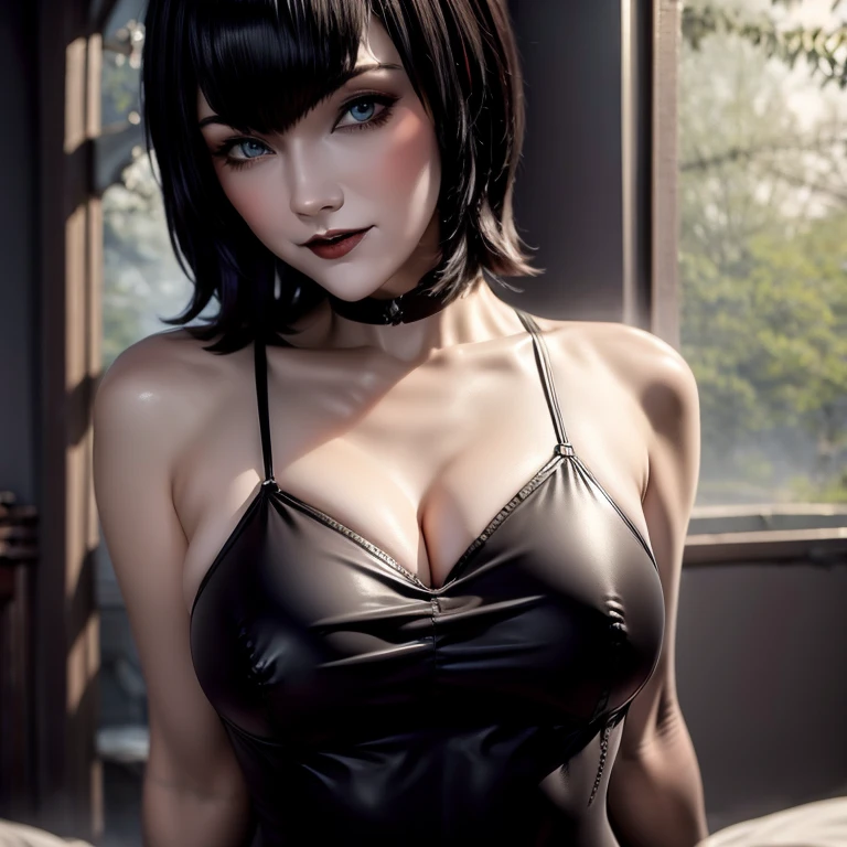 Attractive girl with big blue eyes, White skin, eyeliner and open mouth showing vampire fangs, short black hair with bob bangs, voluminous lips, thin nose, slim bodies nsfw big tits, Image 1.2, high resolution 12k gothic makeup fanart Awesome