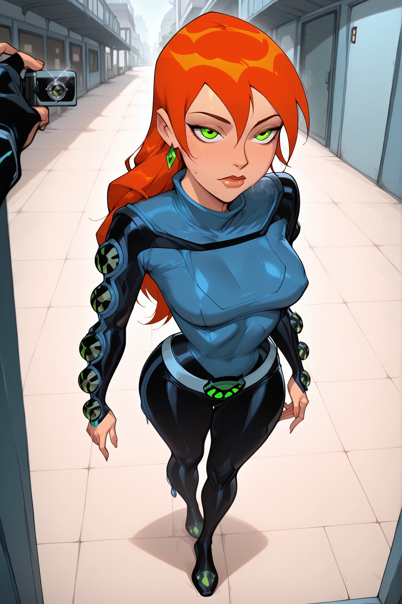 Ben 10, Future Gwen, Hot, curvy, slim, long hair, sexy, beautiful, orange hair, full body suit, coquettish, close up, staring at the camera, upturned look, chest close to camera