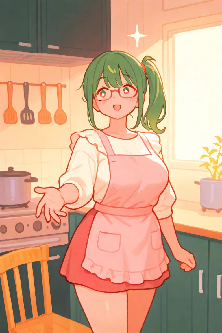 realistic, masterpiece, highest quality, (fine eyes), one high school girl, medium breasts, eyeglasses, Sweat, night, outdoors, lively restaurant, grin and laugh, wet face, wet body, ponytail, earrings, white apron, Puffy short sleeves, small tray, central opening,