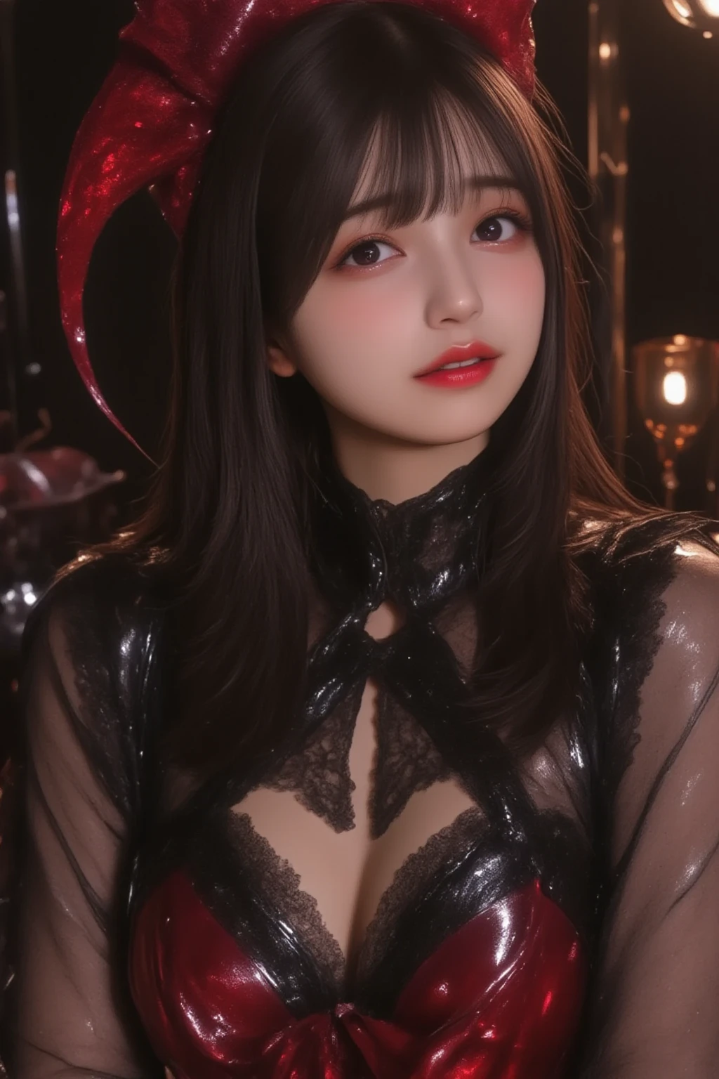 (((nude)))、Highly detailed female photos, Laura Elizabeth, Scarlet Witch, the avengers, Wearing a black lace dress, Open red leather jacket, 8K Ultra HD, RAW Photos, Model shoot,((( She is being made to cum)))
